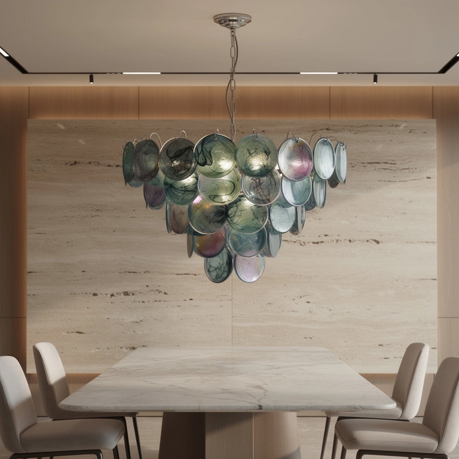 Five-tier Murano chandelier in space-age iridescent glass