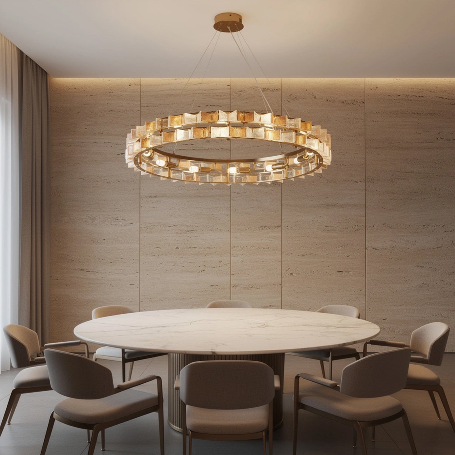Mid-Century Modern Layered Teal Glass Chandelier