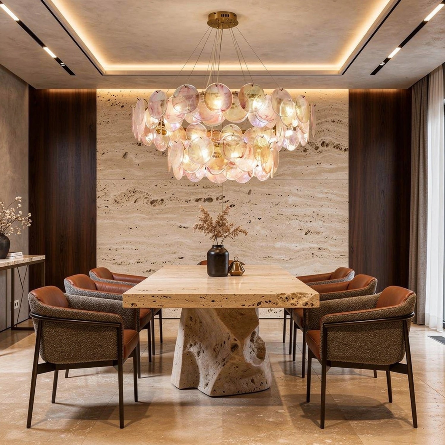 Modern Blush Iridescent Glass Disc Chandelier