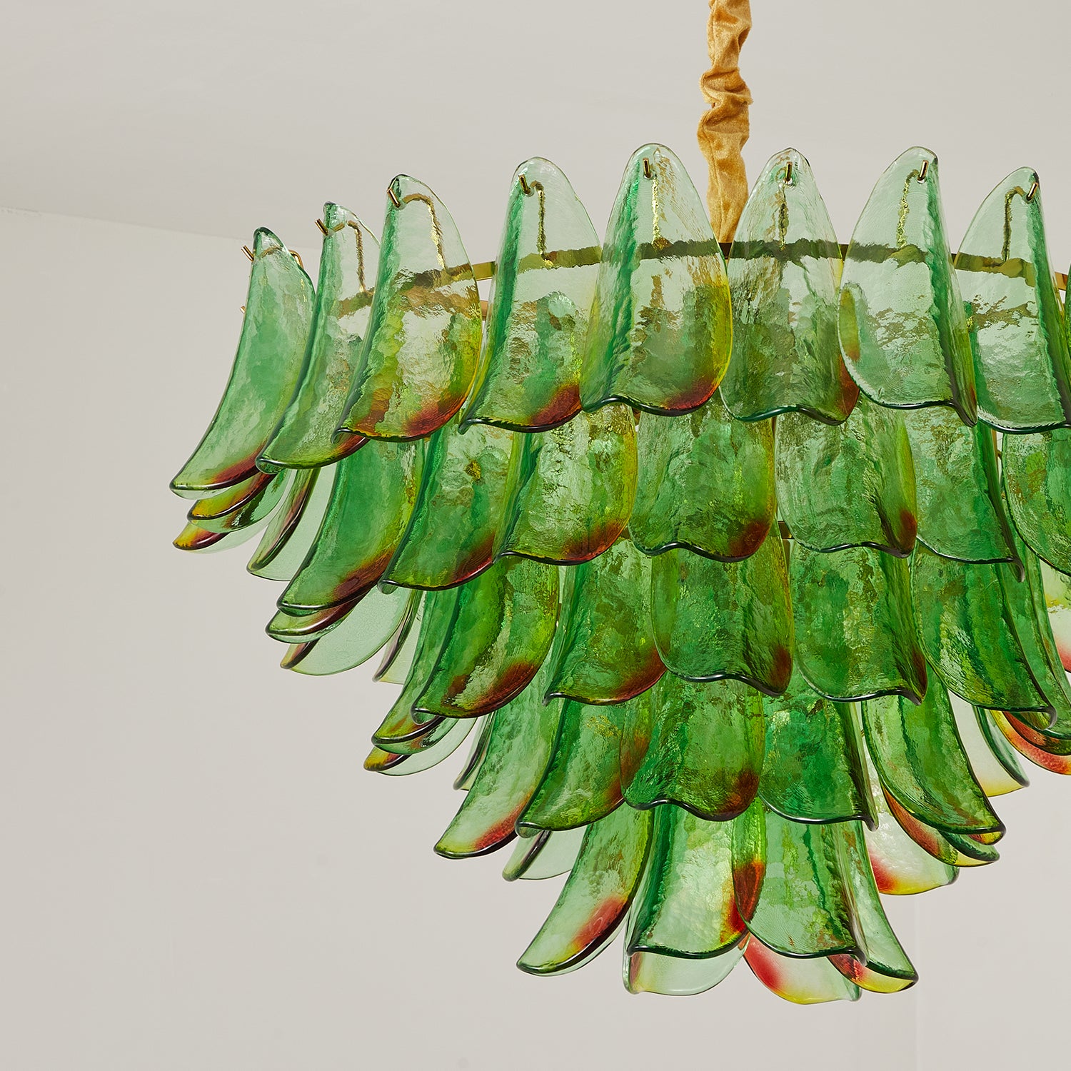 Modernist Feather Chandelier in Murano Green Topaz Glass and Gold