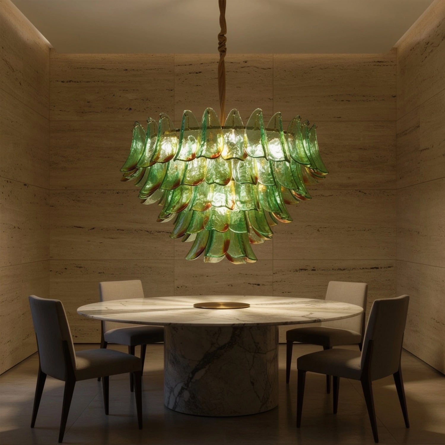 Modernist Feather Chandelier in Murano Green Topaz Glass and Gold