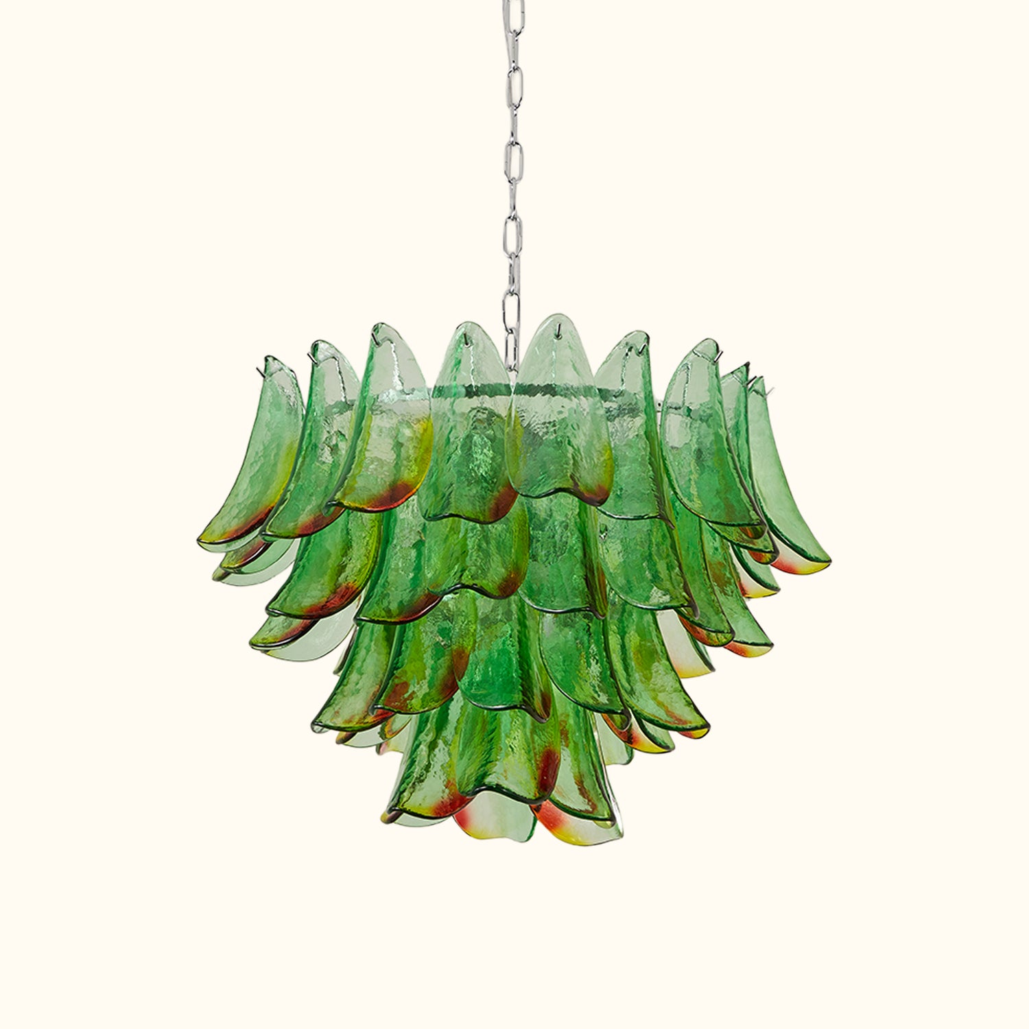 Modernist Feather Chandelier in Murano Green Topaz Glass and Polished Chrome