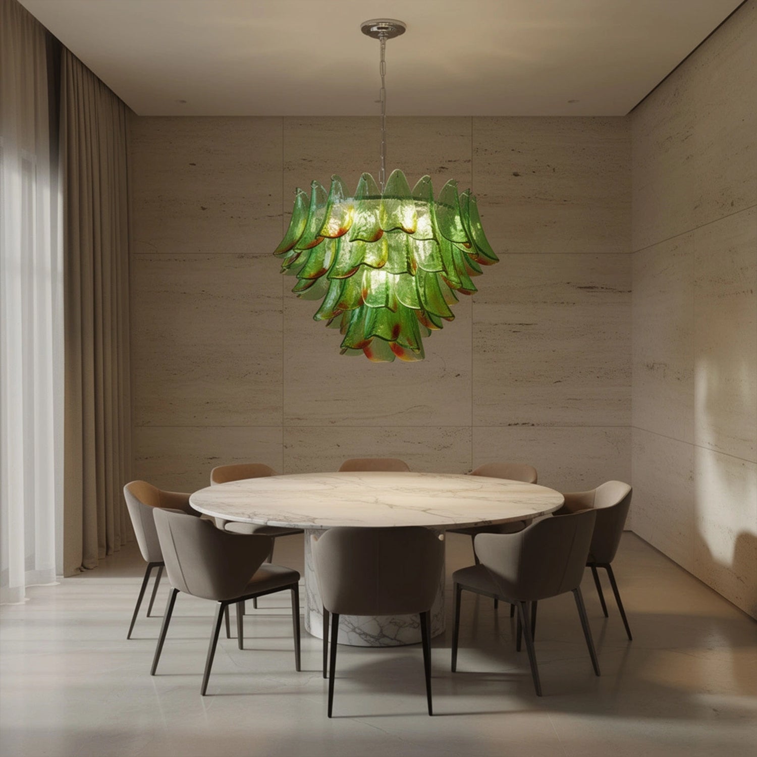 Modernist Feather Chandelier in Murano Green Topaz Glass and Polished Chrome