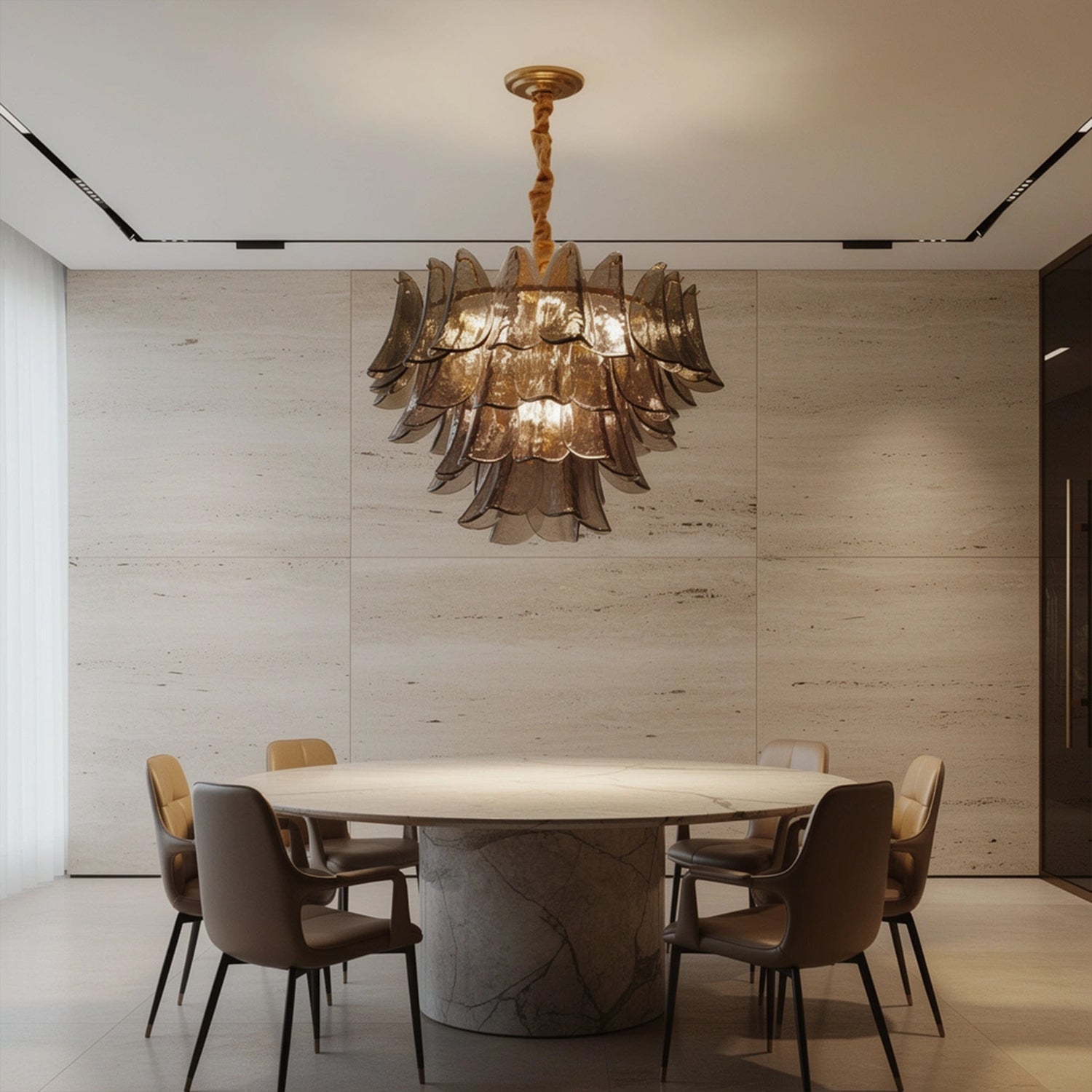 Modernist Feather Chandelier in Murano Smoked Topaz Glass and GOLD