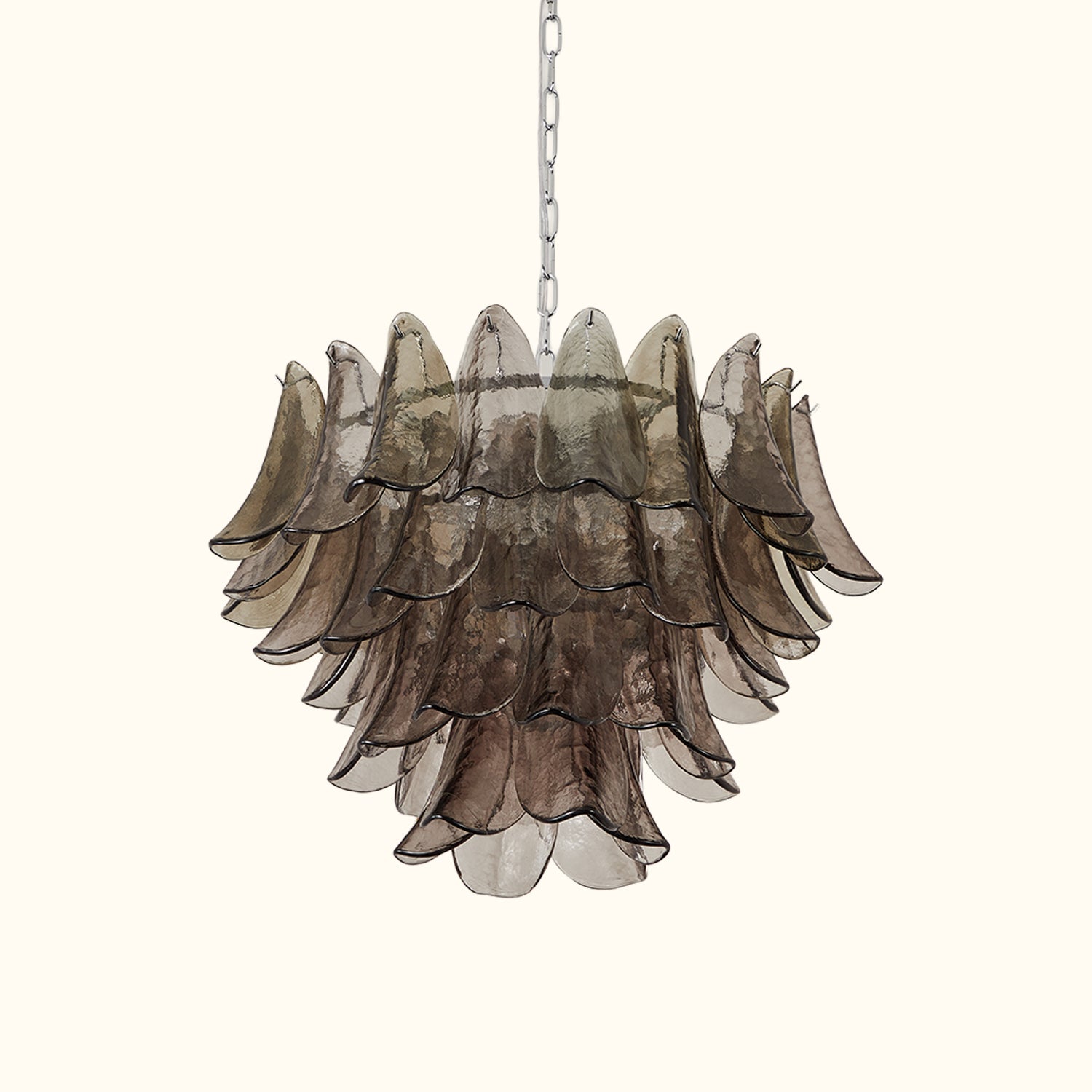 Modernist Feather Chandelier in Murano Smoked Topaz Glass and Polished Chrome