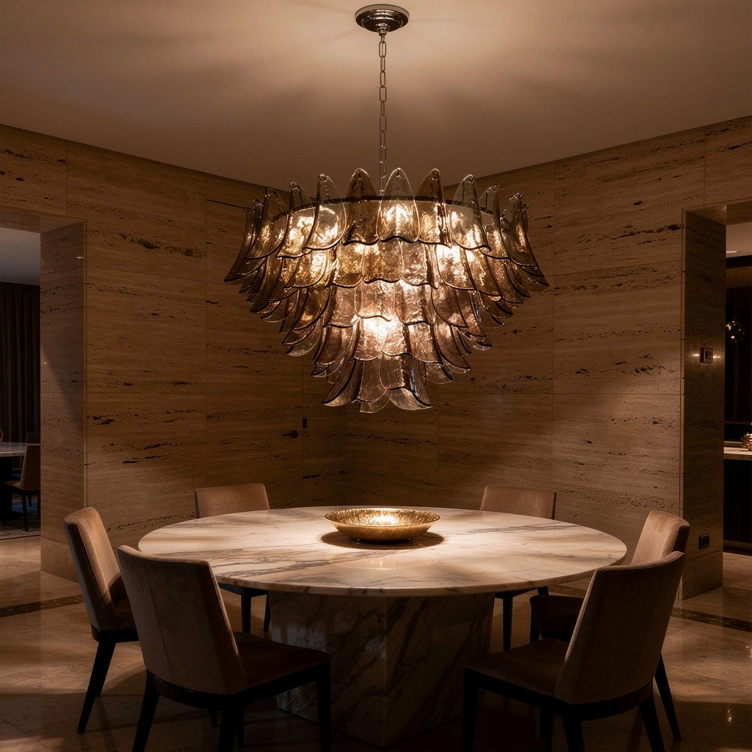 Modernist Feather Chandelier in Murano Smoked Topaz Glass and Polished Chrome