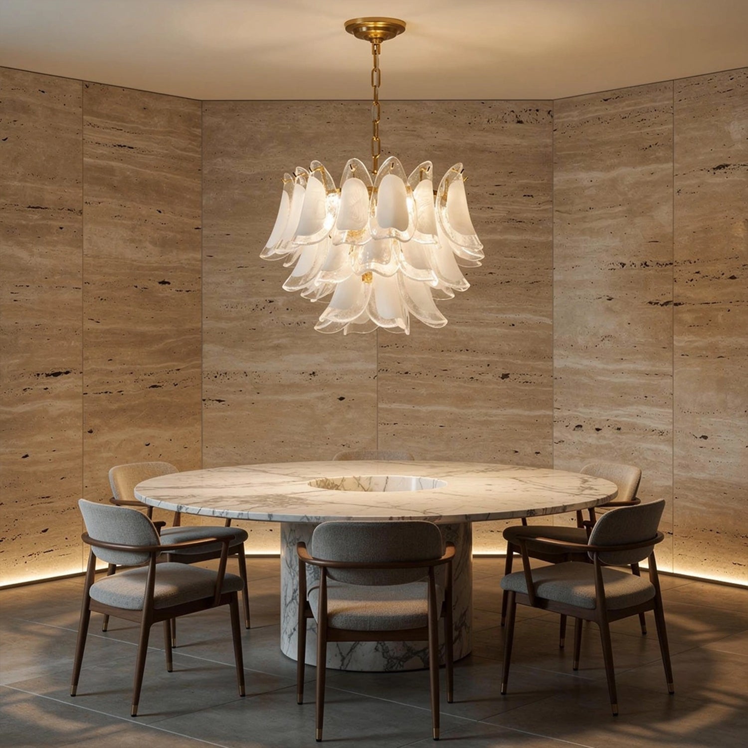 Modernist Feather Chandelier in Murano White Topaz Glass and Gold
