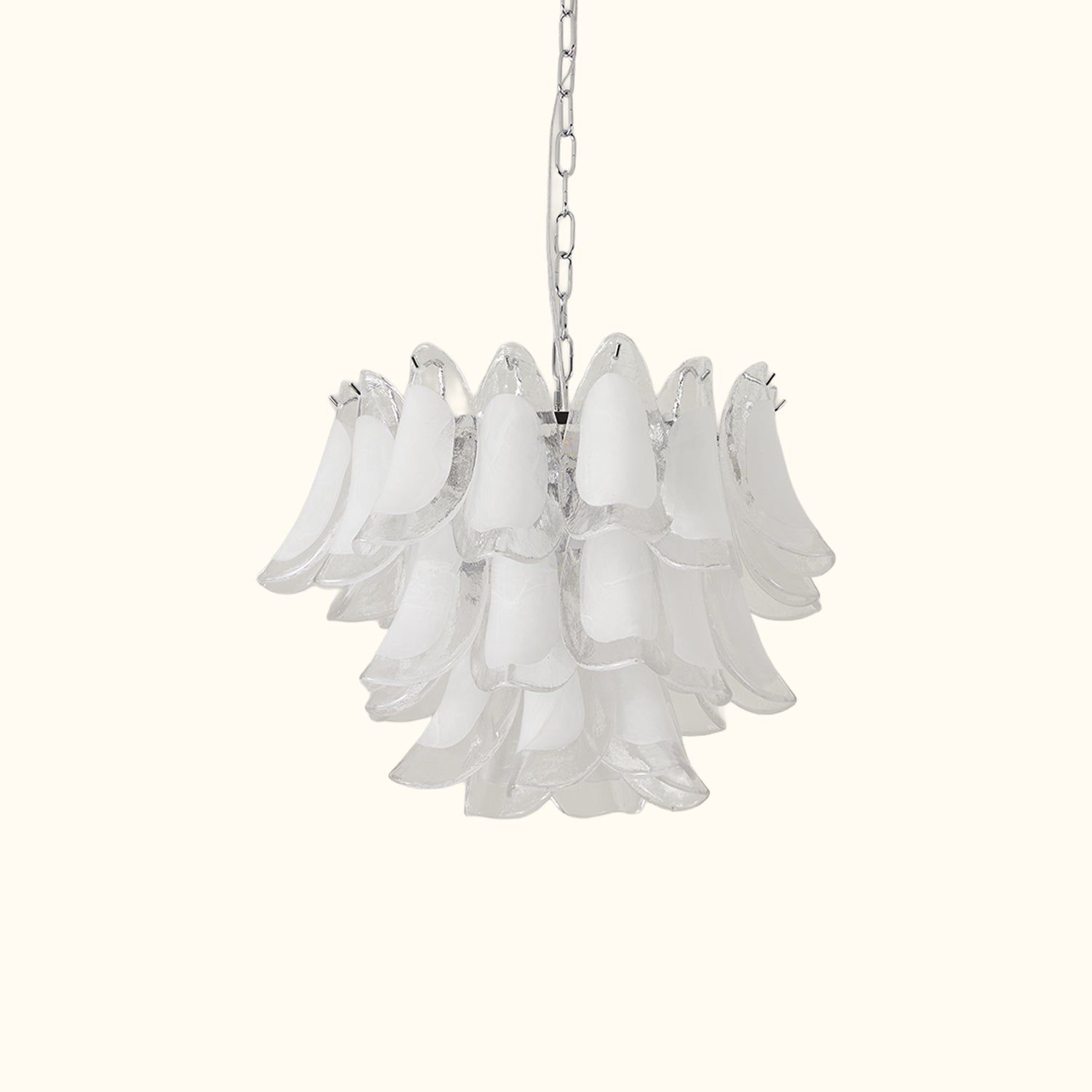 Modernist Feather Chandelier in Murano White Topaz Glass and Polished Chrome