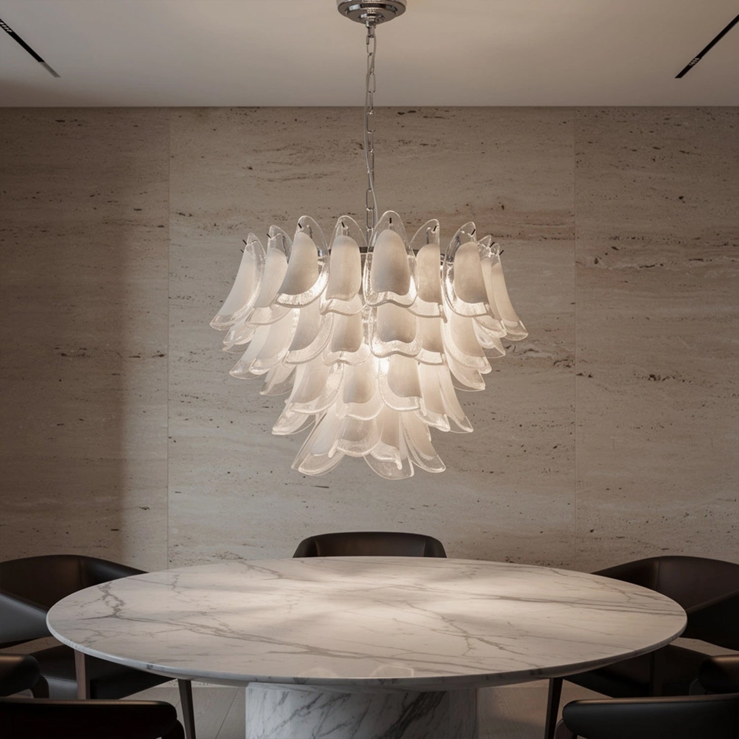 Modernist Feather Chandelier in Murano White Topaz Glass and Polished Chrome