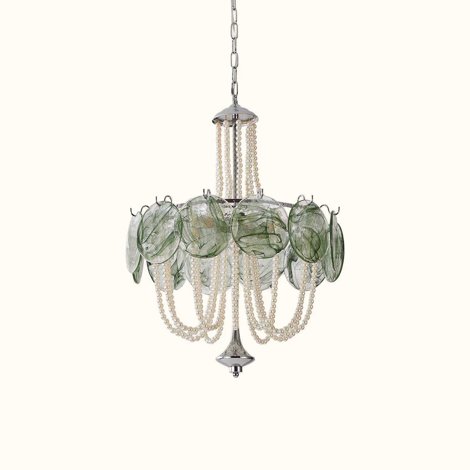 Murano Style Green Glass & Pearl Chandelier – Vintage Round Pendant Light