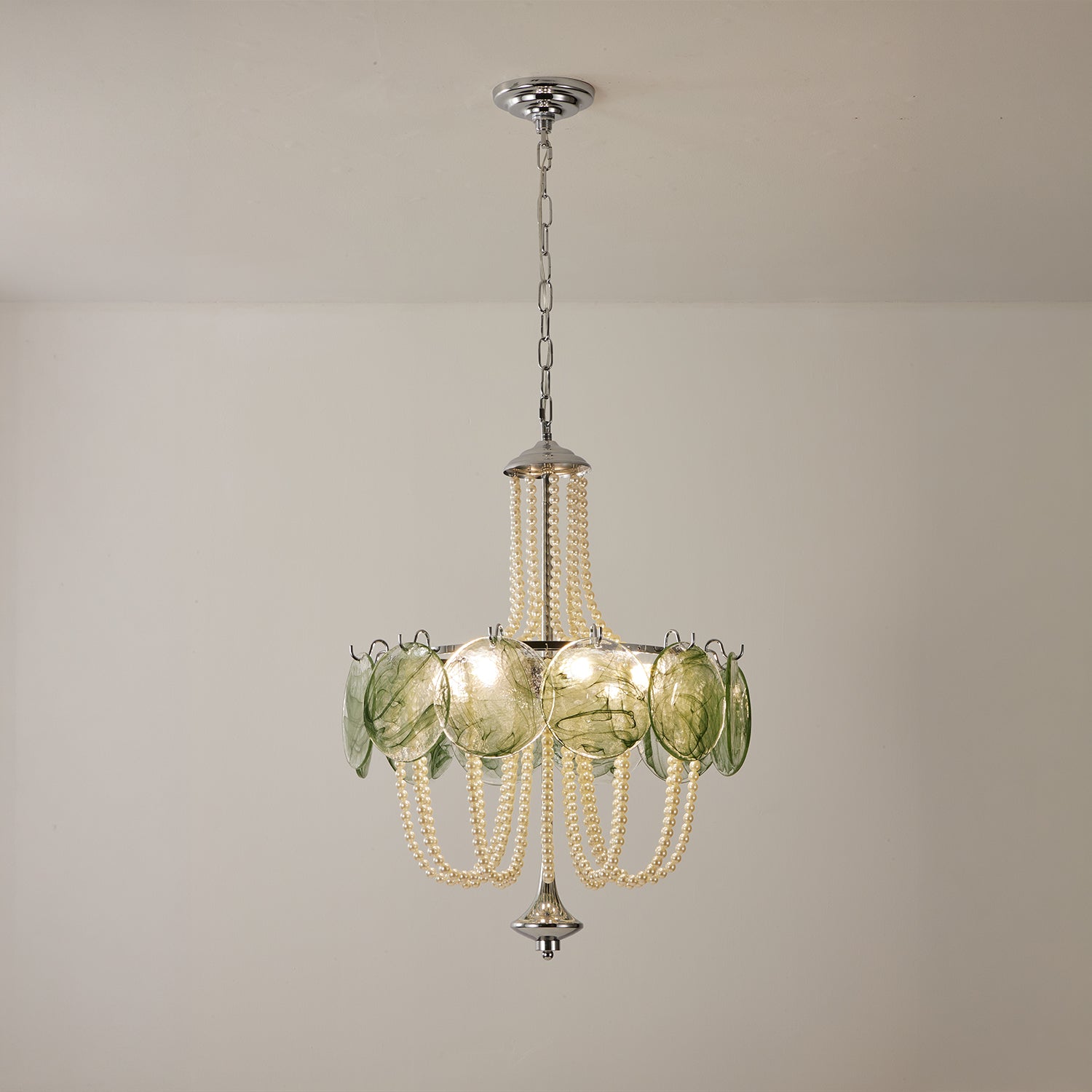 Murano Style Green Glass & Pearl Chandelier – Vintage Round Pendant Light