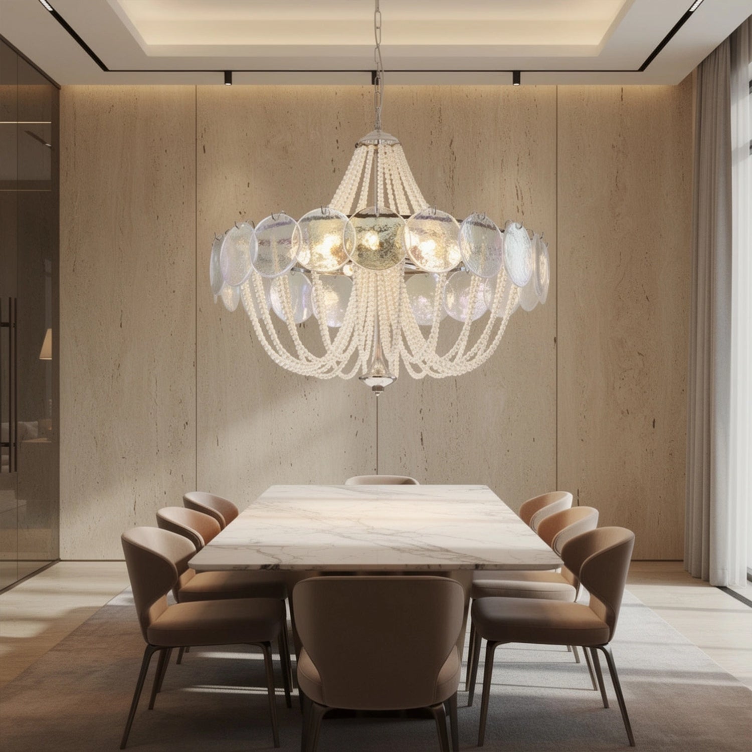 Murano Style Iridescent Glass & Pearl Chandelier – Vintage Round Pendant Light