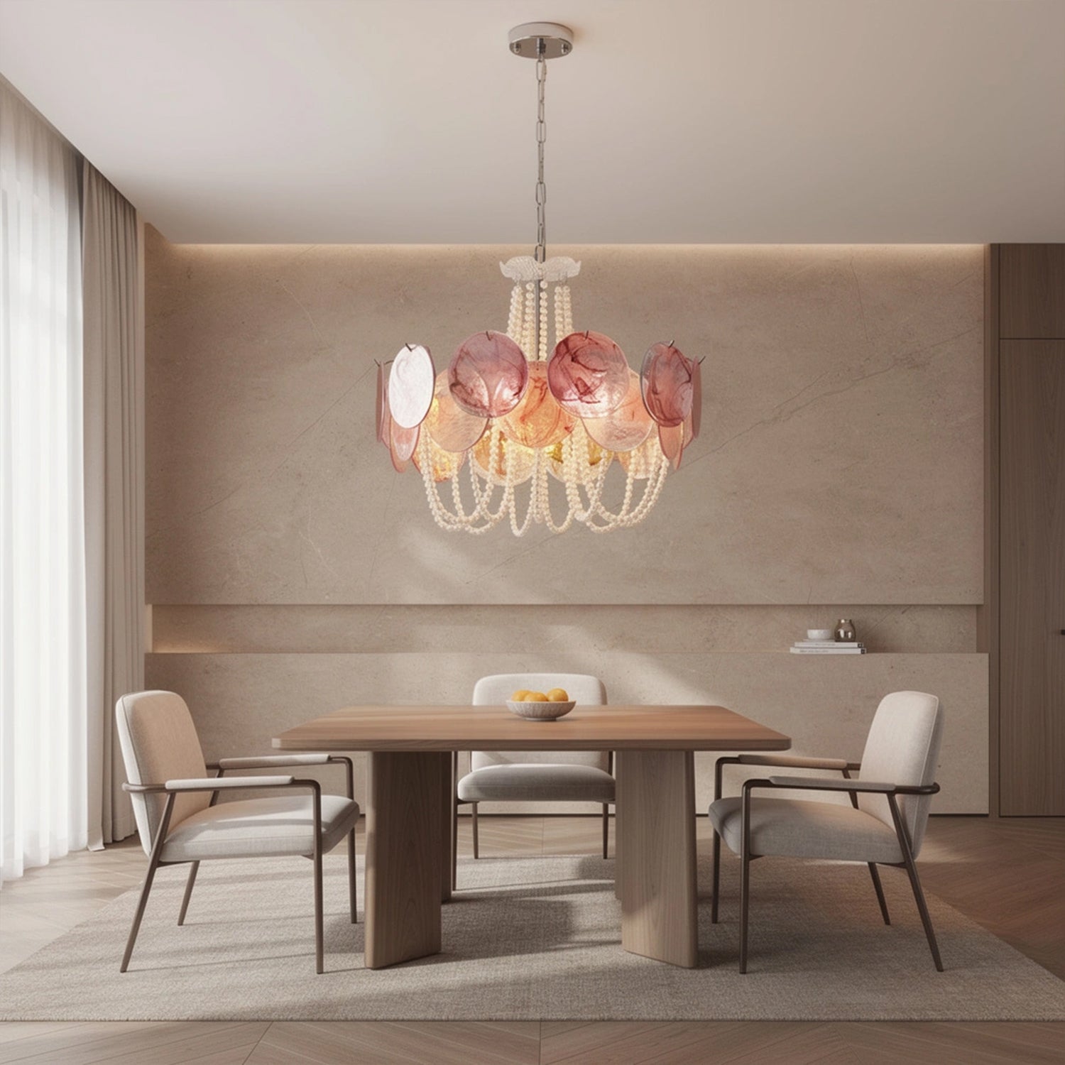 Murano Style Iridescent Pink Glass & Pearl Chandelier – Vintage Round Pendant Light