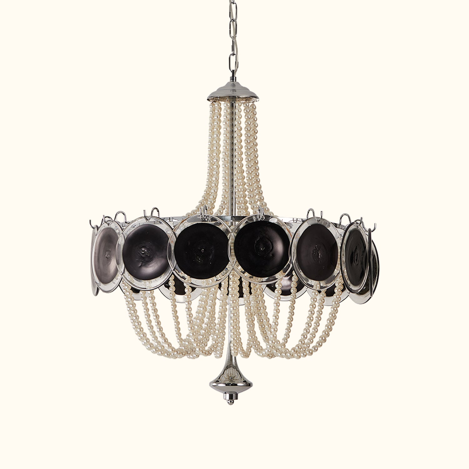 Murano Style Black Glass & Pearl Chandelier – Vintage Round Pendant Light