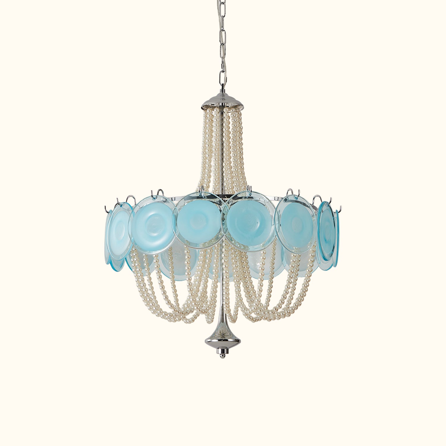 Murano Style Blue Glass & Pearl Chandelier – Vintage Round Pendant Light