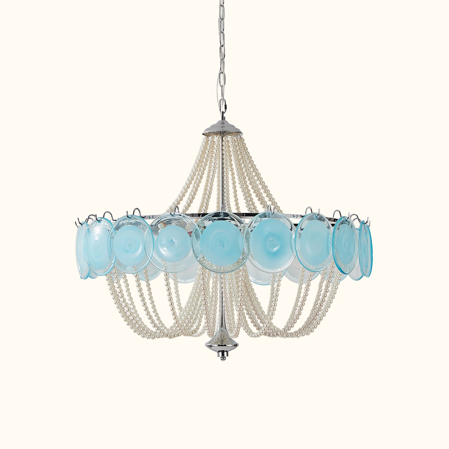 Murano Style Blue Glass & Pearl Chandelier – Vintage Round Pendant Light