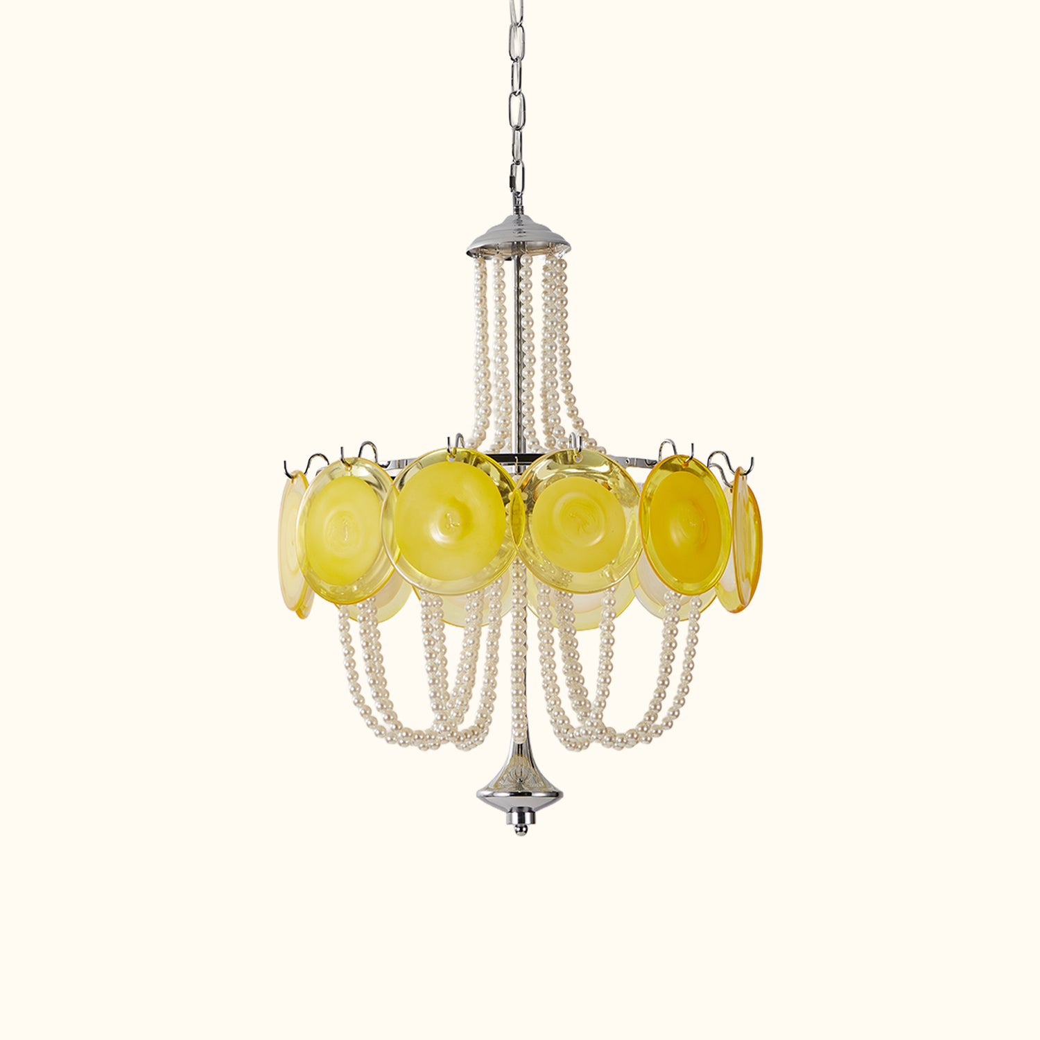 Murano Style Yellow Glass & Pearl Chandelier – Vintage Round Pendant Light