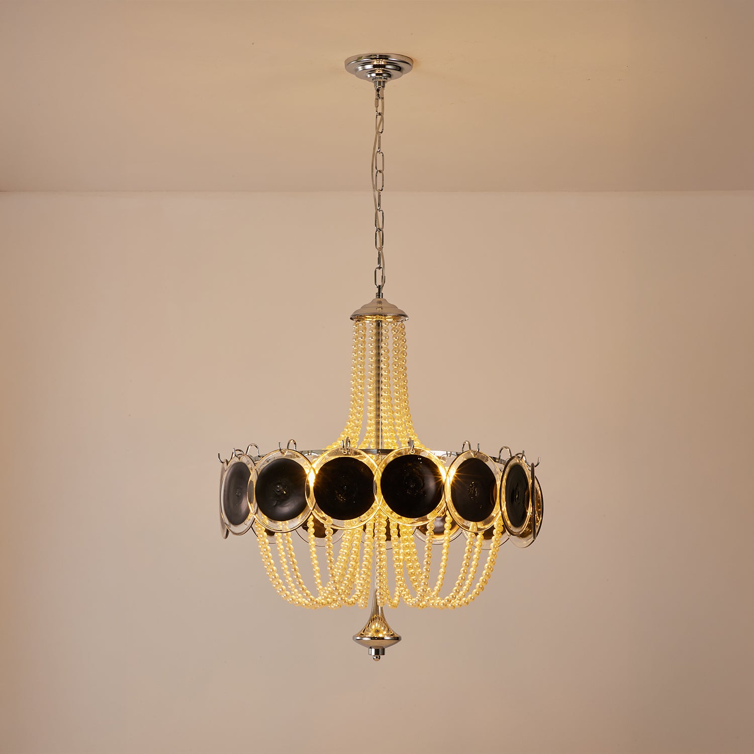 Murano Style Black Glass & Pearl Chandelier – Vintage Round Pendant Light
