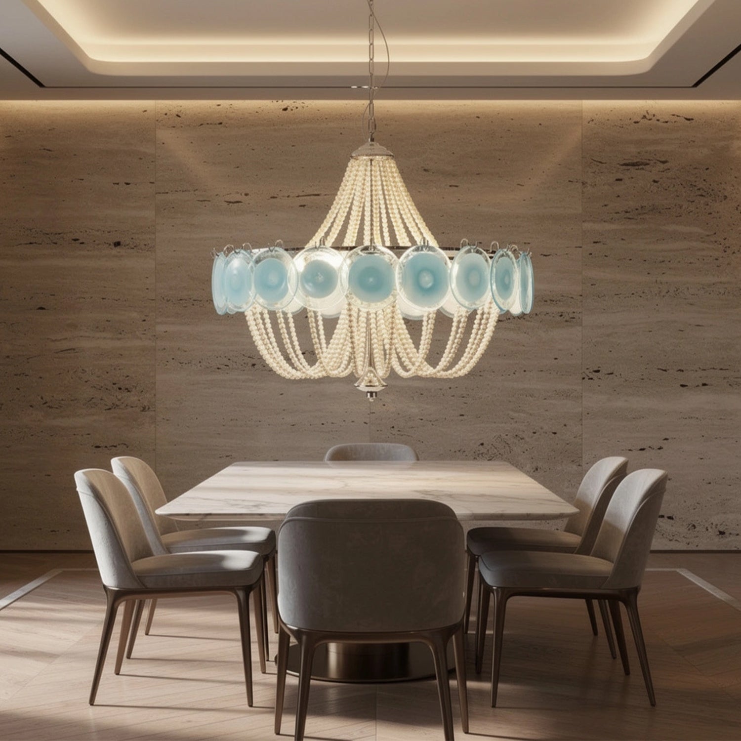Murano Style Blue Glass & Pearl Chandelier – Vintage Round Pendant Light