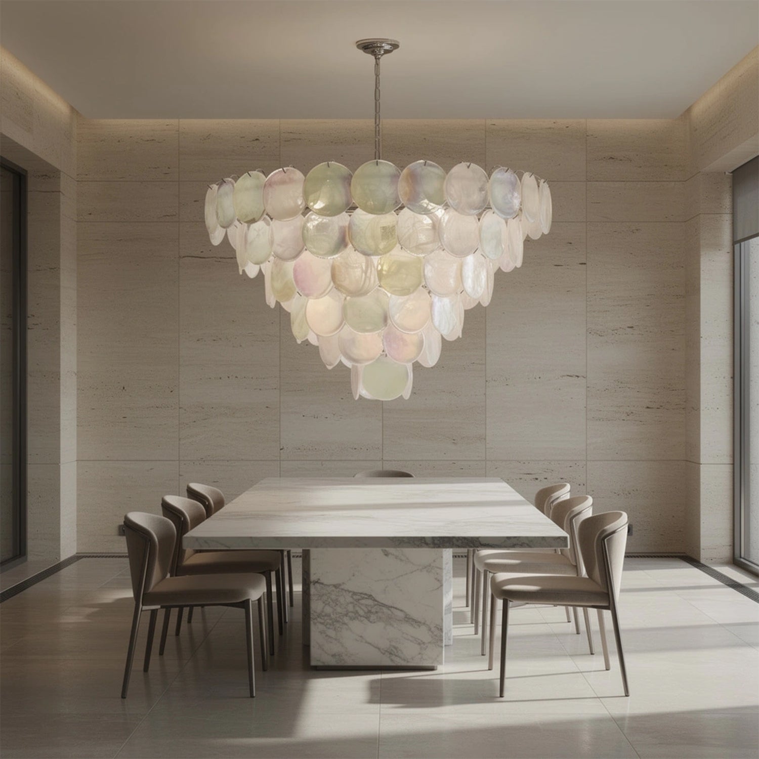 Six-tier Murano chandelier in space-age iridescent glass