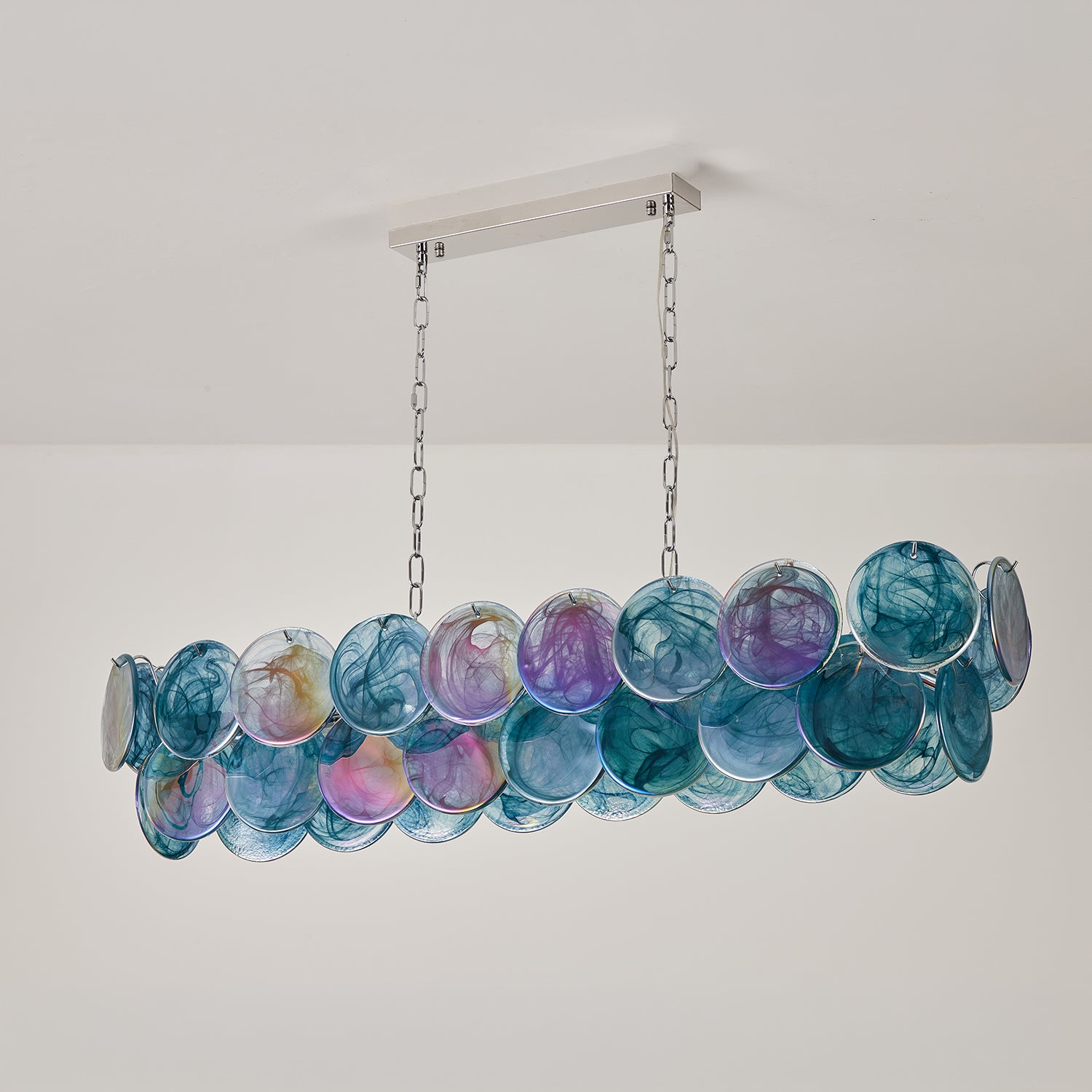 Two-tier rectangular Murano chandelier in space-age iridescent glass