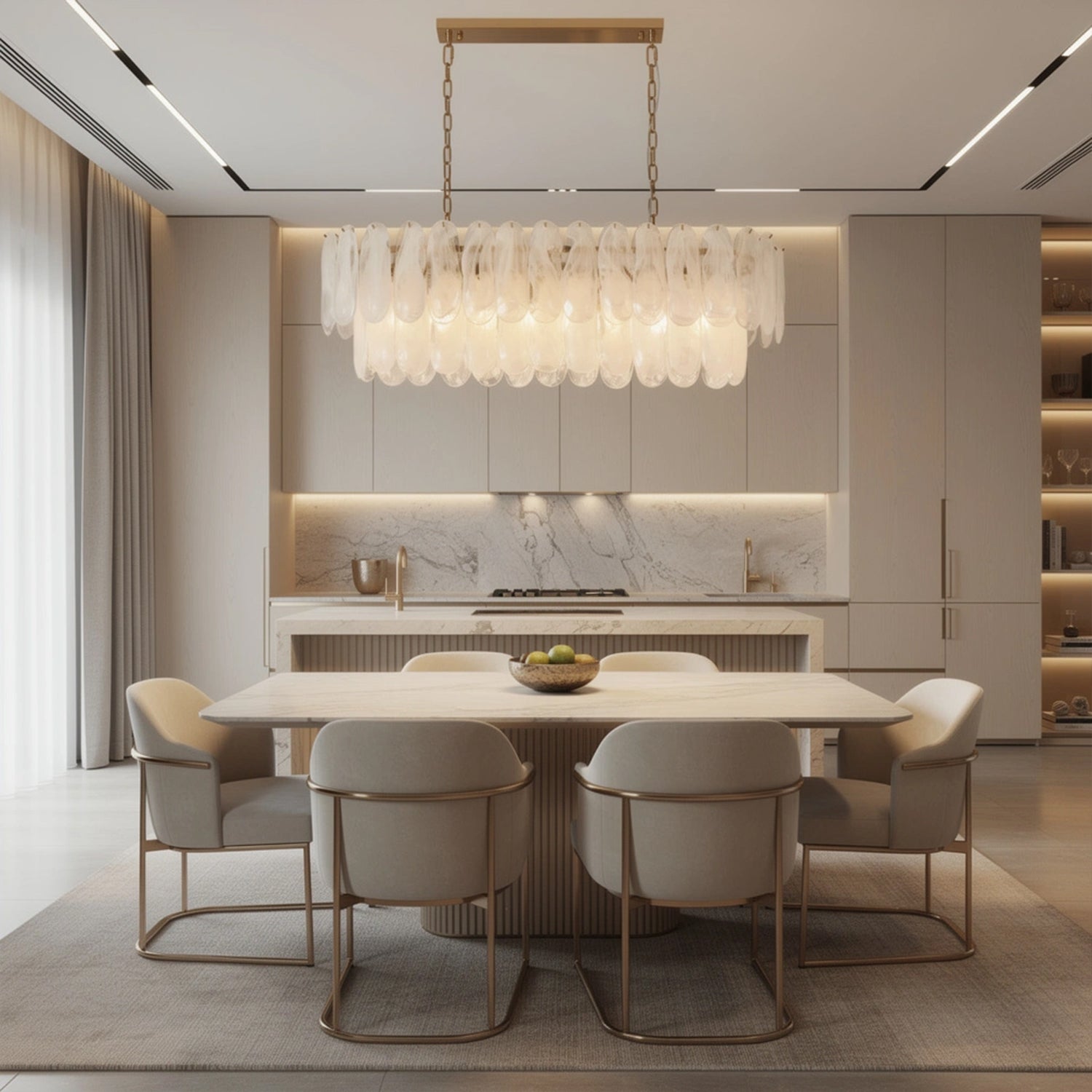 White Opaline Murano-Style Glass Petal Cascade Linear Chandelier