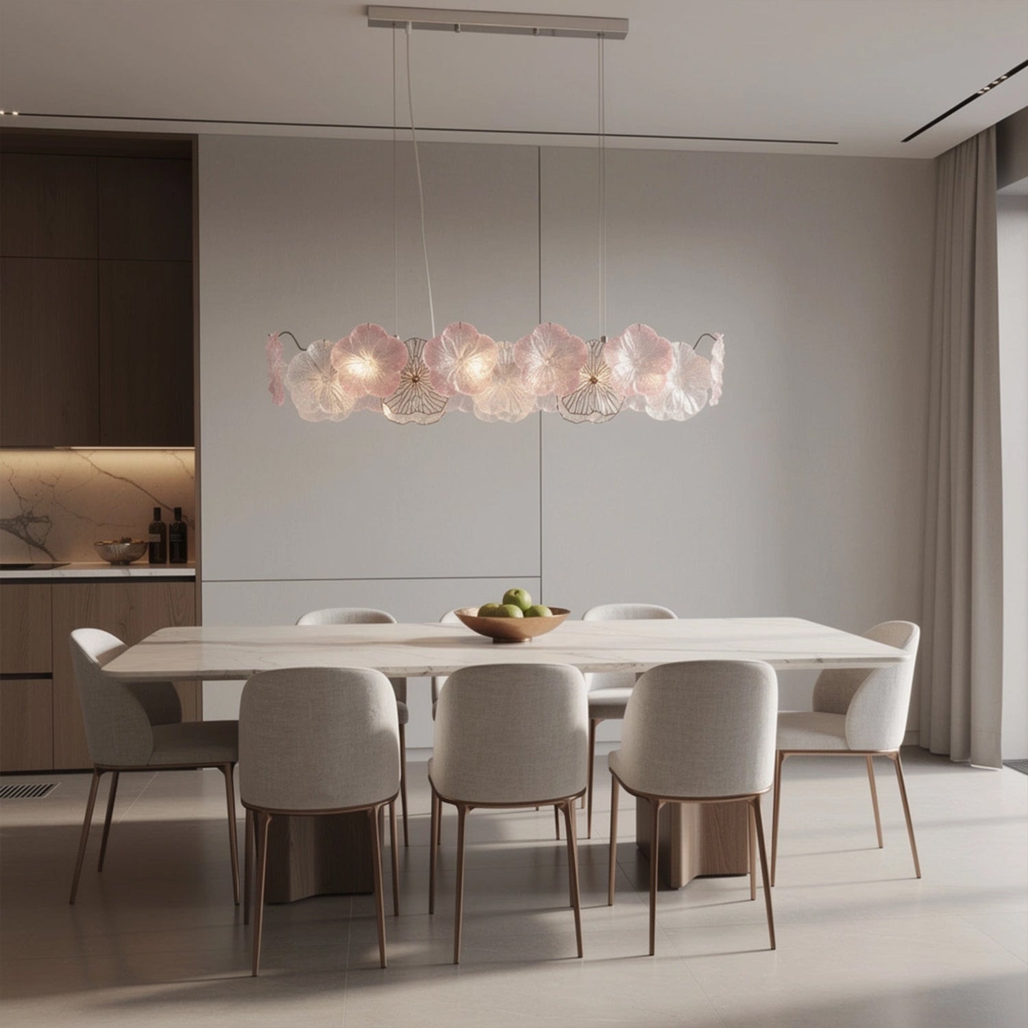Blush Flower Glass Linear Chandelier with Pink and Clear Petal Shades