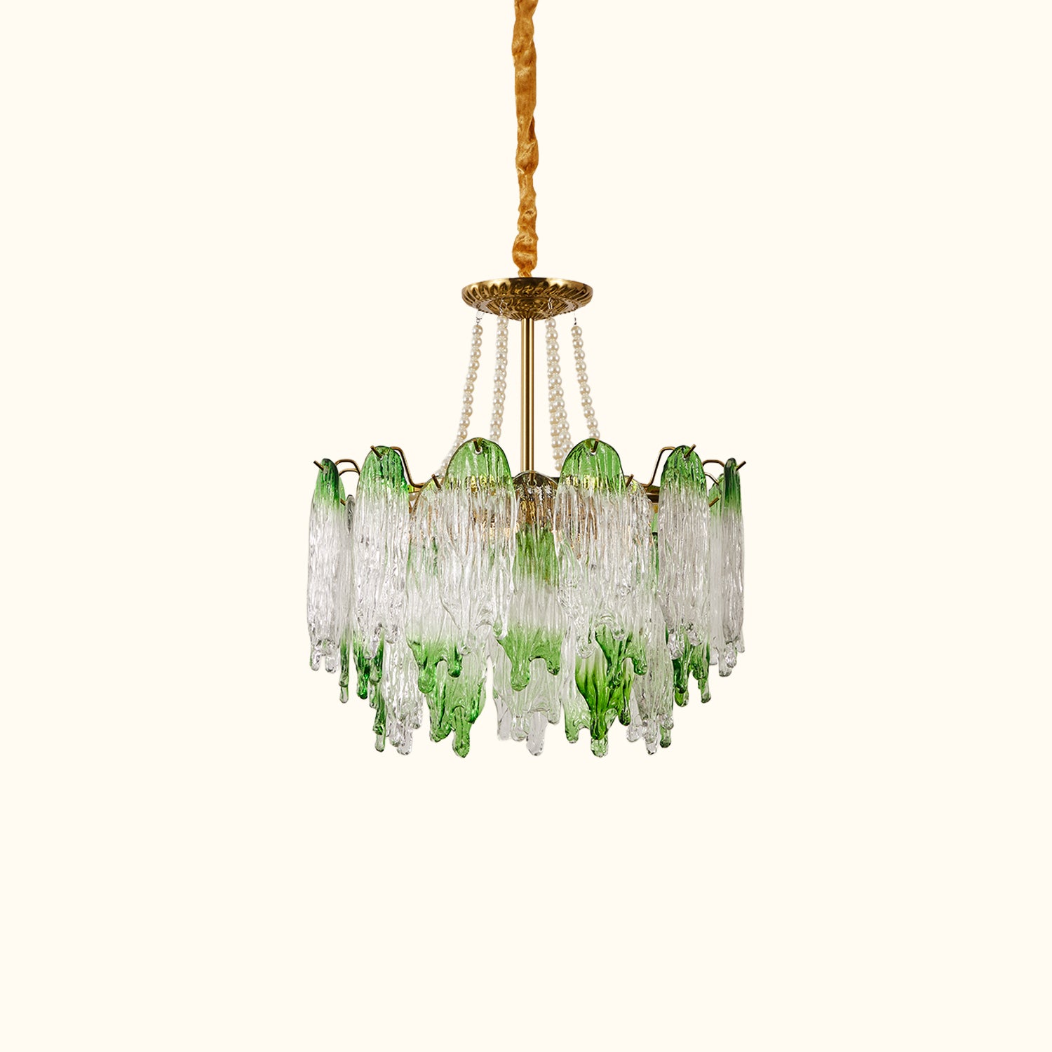 Green Pearl Glass Chandelier with Textured Glass Petals