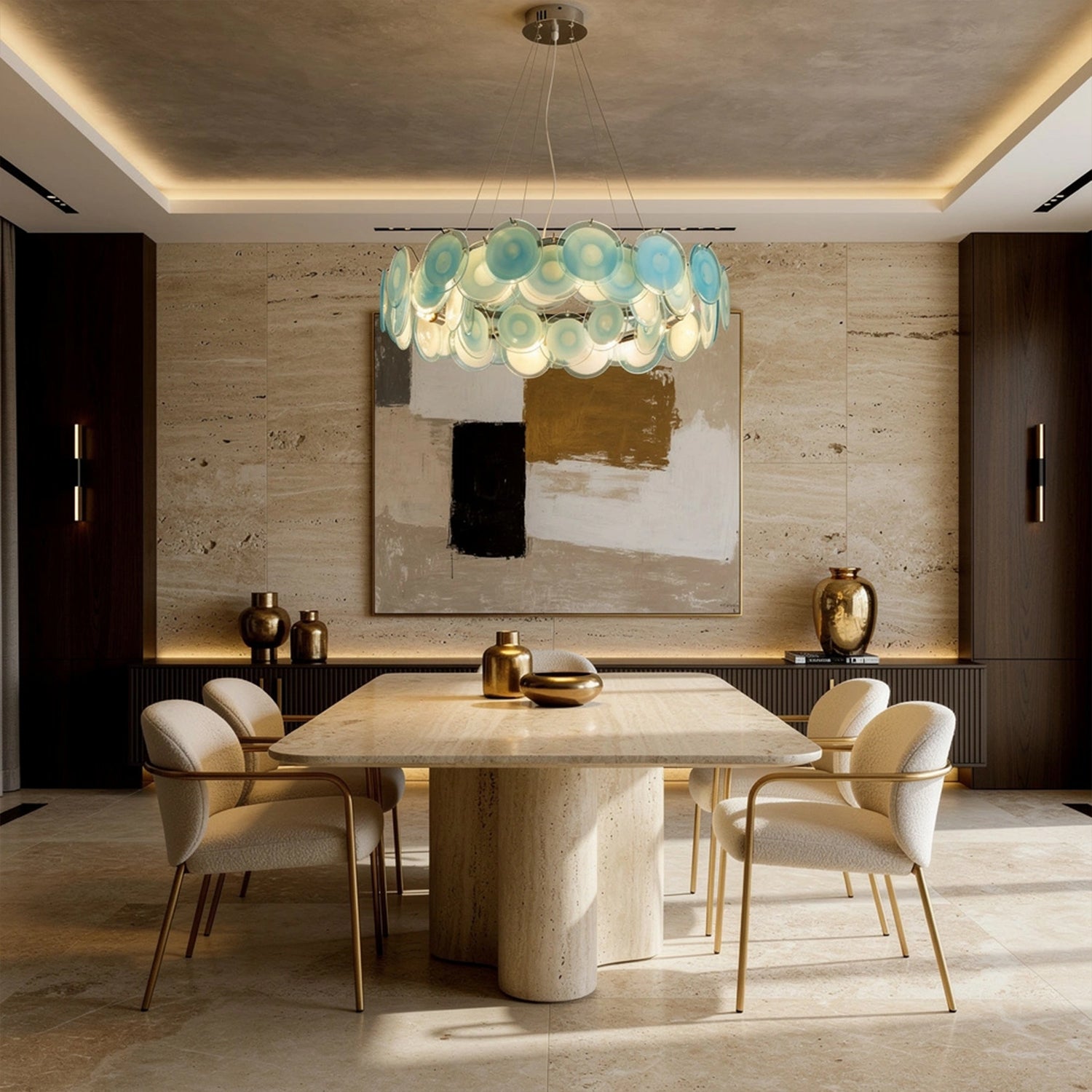 Modern Blue Iridescent Glass Disc Chandelier