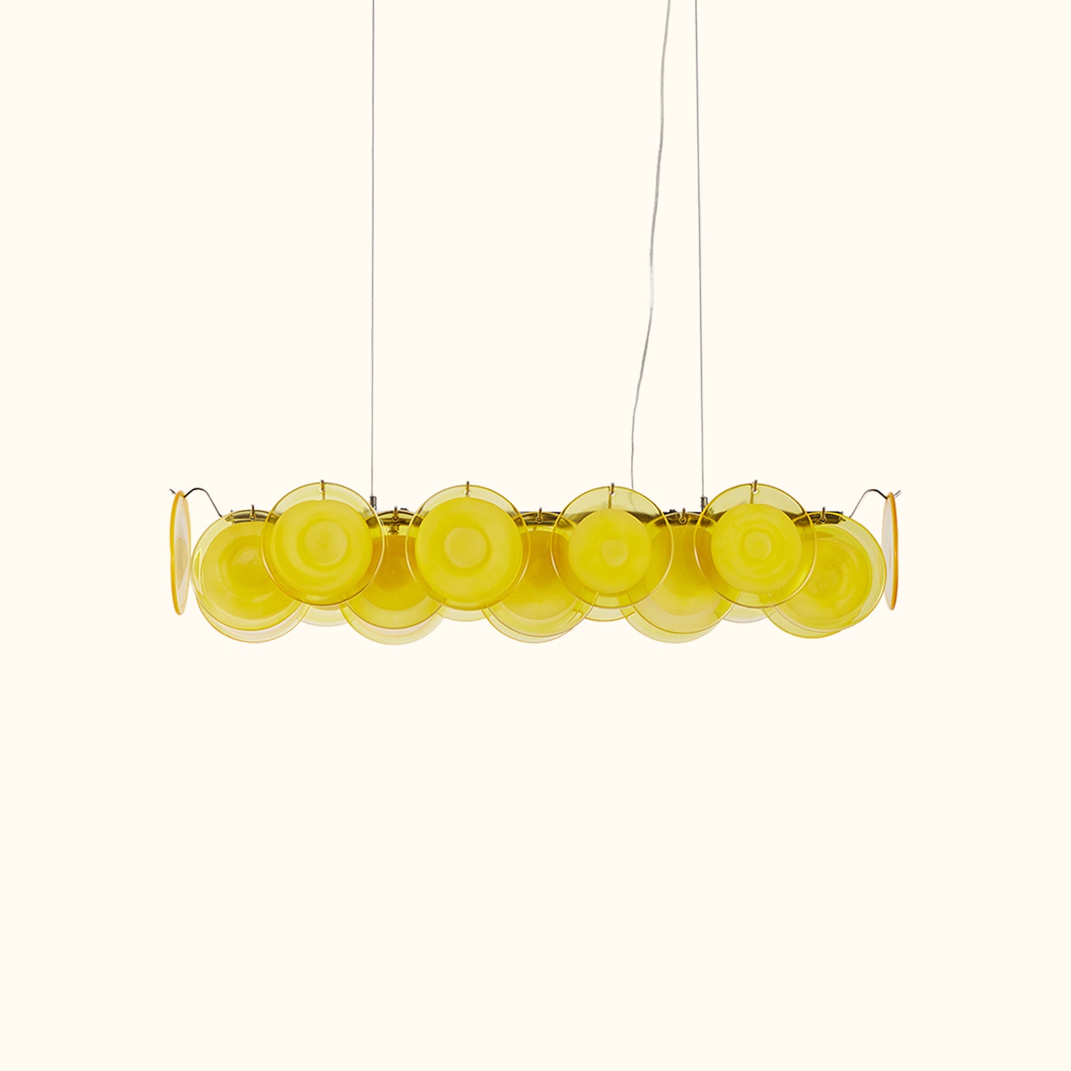 Modern Yellow Iridescent Glass Disc Linear Chandelier