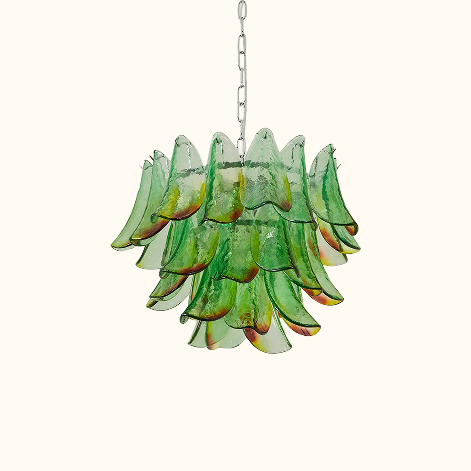 Modernist Feather Chandelier in Murano Green Topaz Glass and Polished Chrome