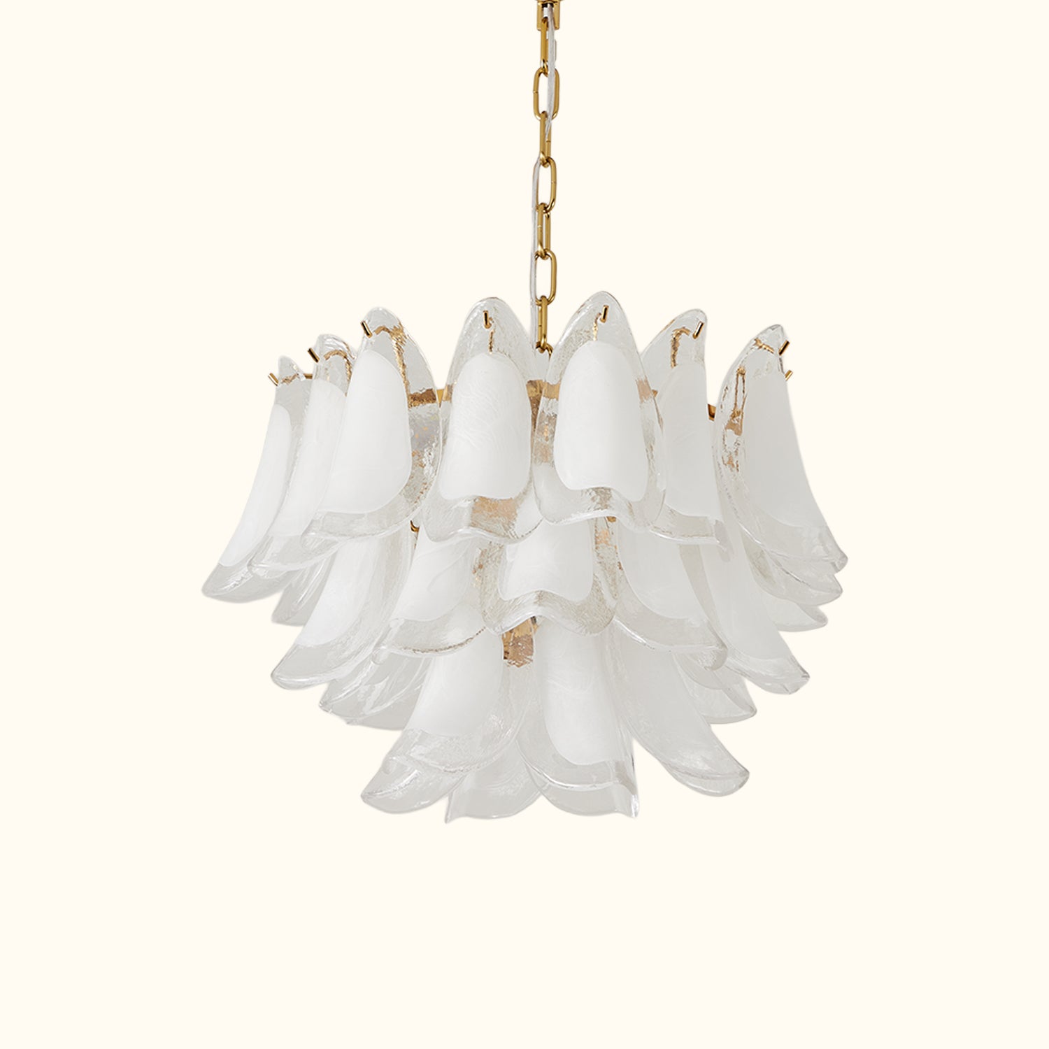 Modernist Feather Chandelier in Murano White Topaz Glass and Gold