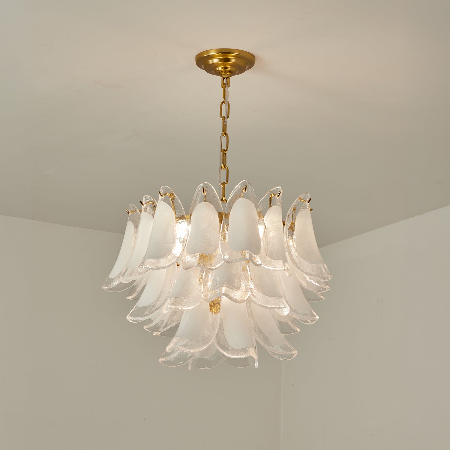 Modernist Feather Chandelier in Murano White Topaz Glass and Gold
