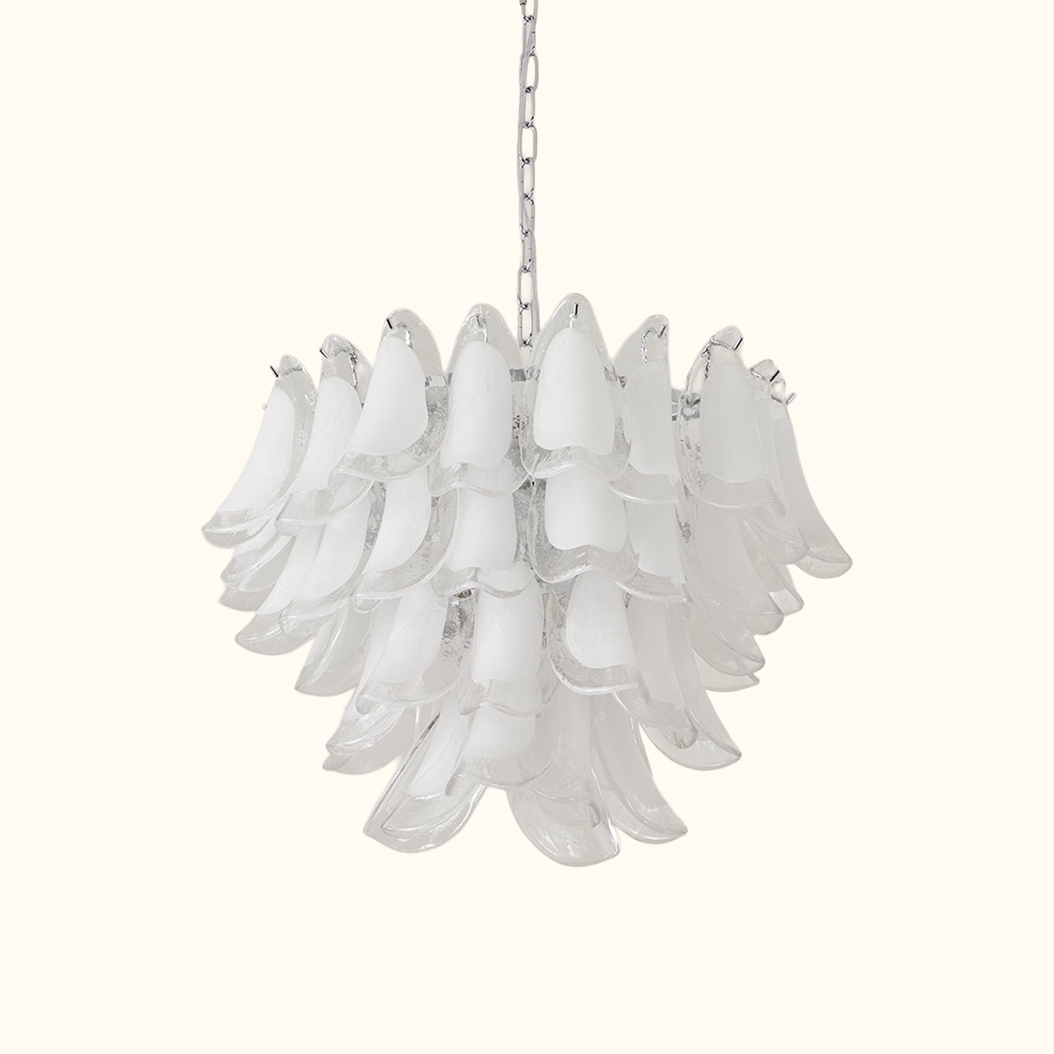 Modernist Feather Chandelier in Murano White Topaz Glass and Polished Chrome