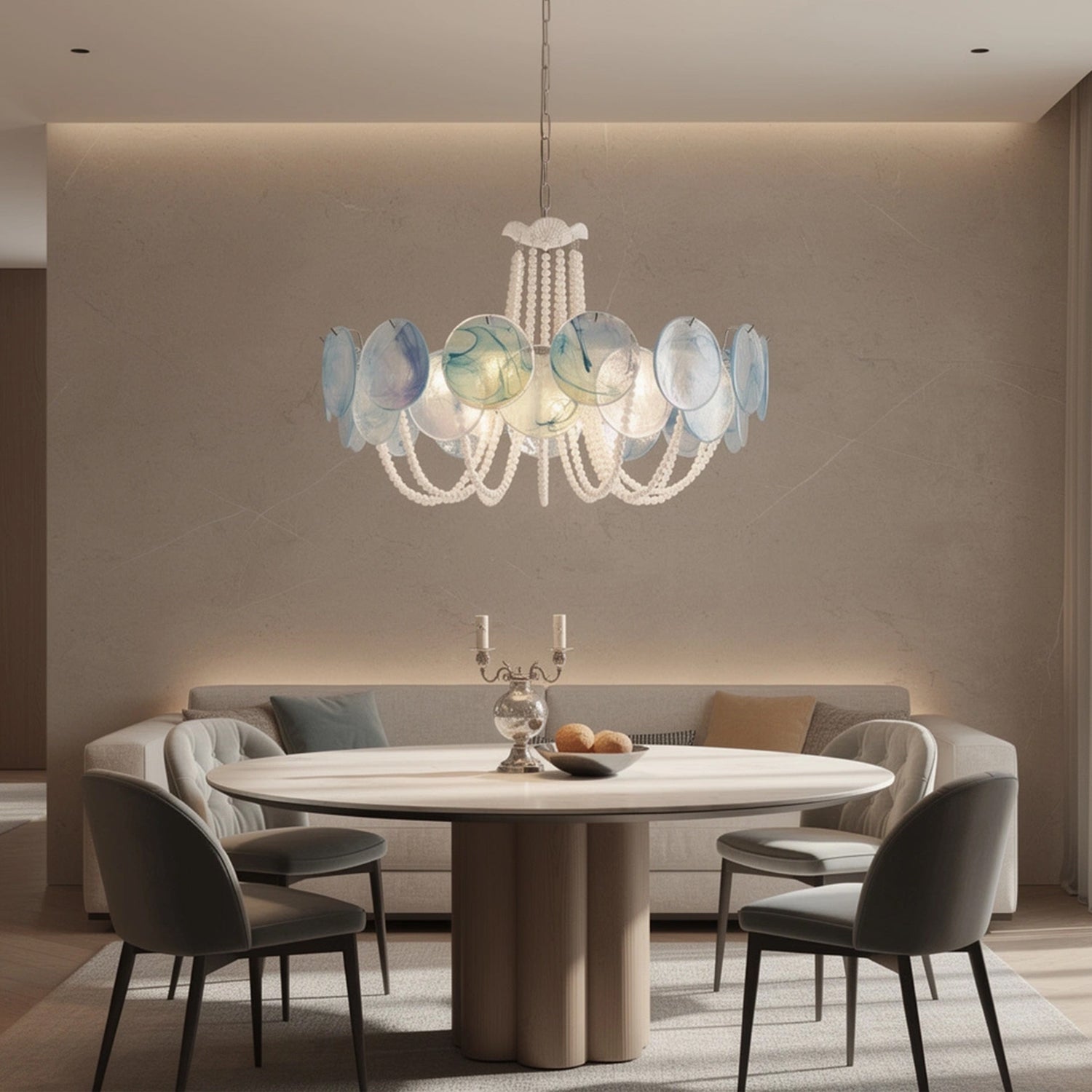 Murano Style Iridescent Blue Glass & Pearl Chandelier – Vintage Round Pendant Light