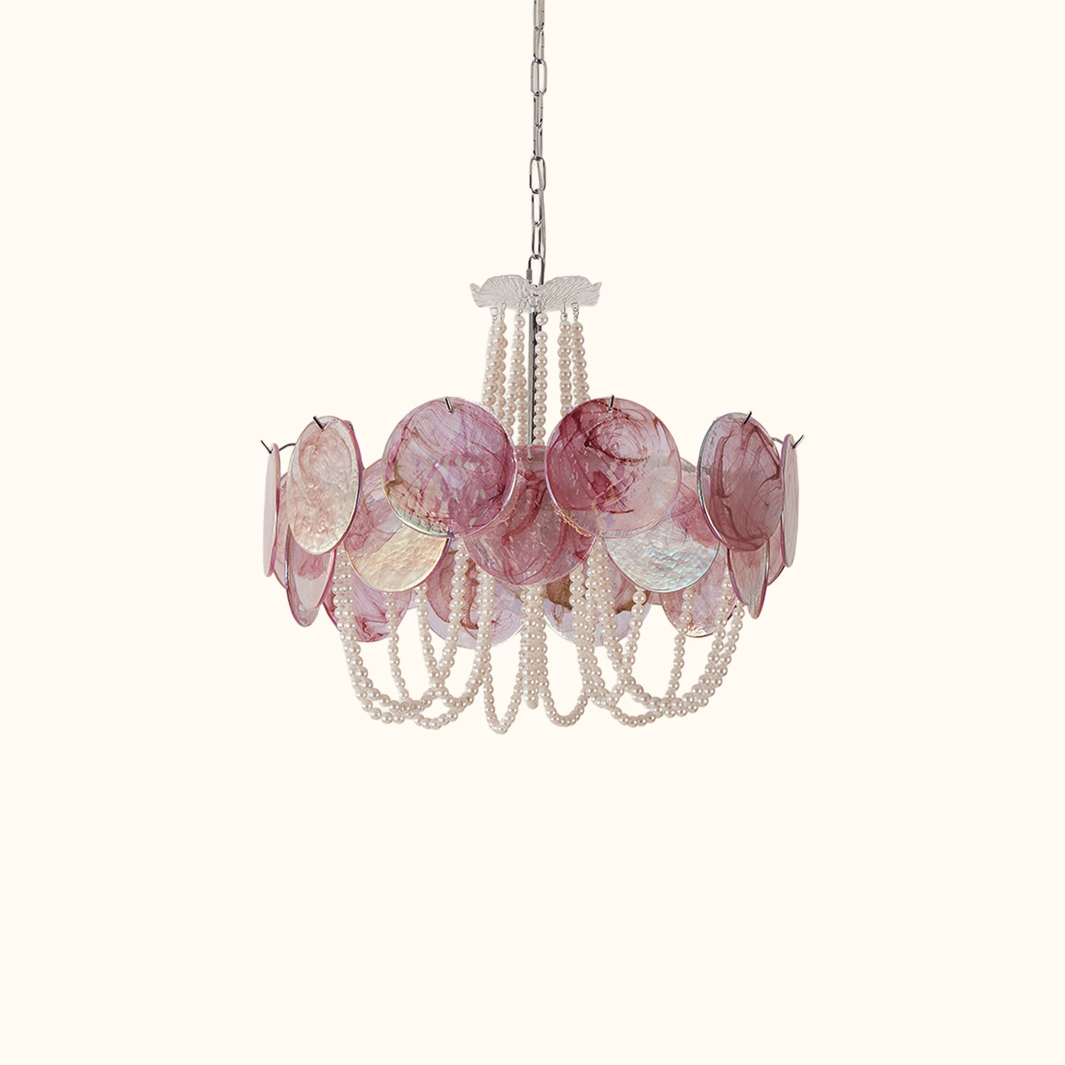 Murano Style Iridescent Pink Glass & Pearl Chandelier – Vintage Round Pendant Light