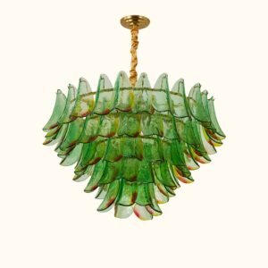 Modernist Feather Chandelier in Murano Green Topaz Glass and Gold