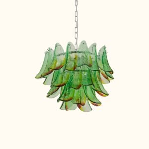Modernist Feather Chandelier in Murano Green Topaz Glass and Polished Chrome