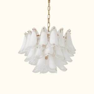 Modernist Feather Chandelier in Murano White Topaz Glass and Gold