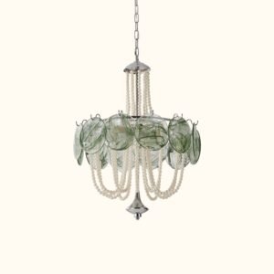 Murano Style Green Glass & Pearl Chandelier – Vintage Round Pendant Light