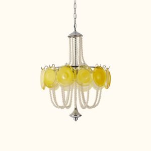 Murano Style Yellow Glass & Pearl Chandelier – Vintage Round Pendant Light