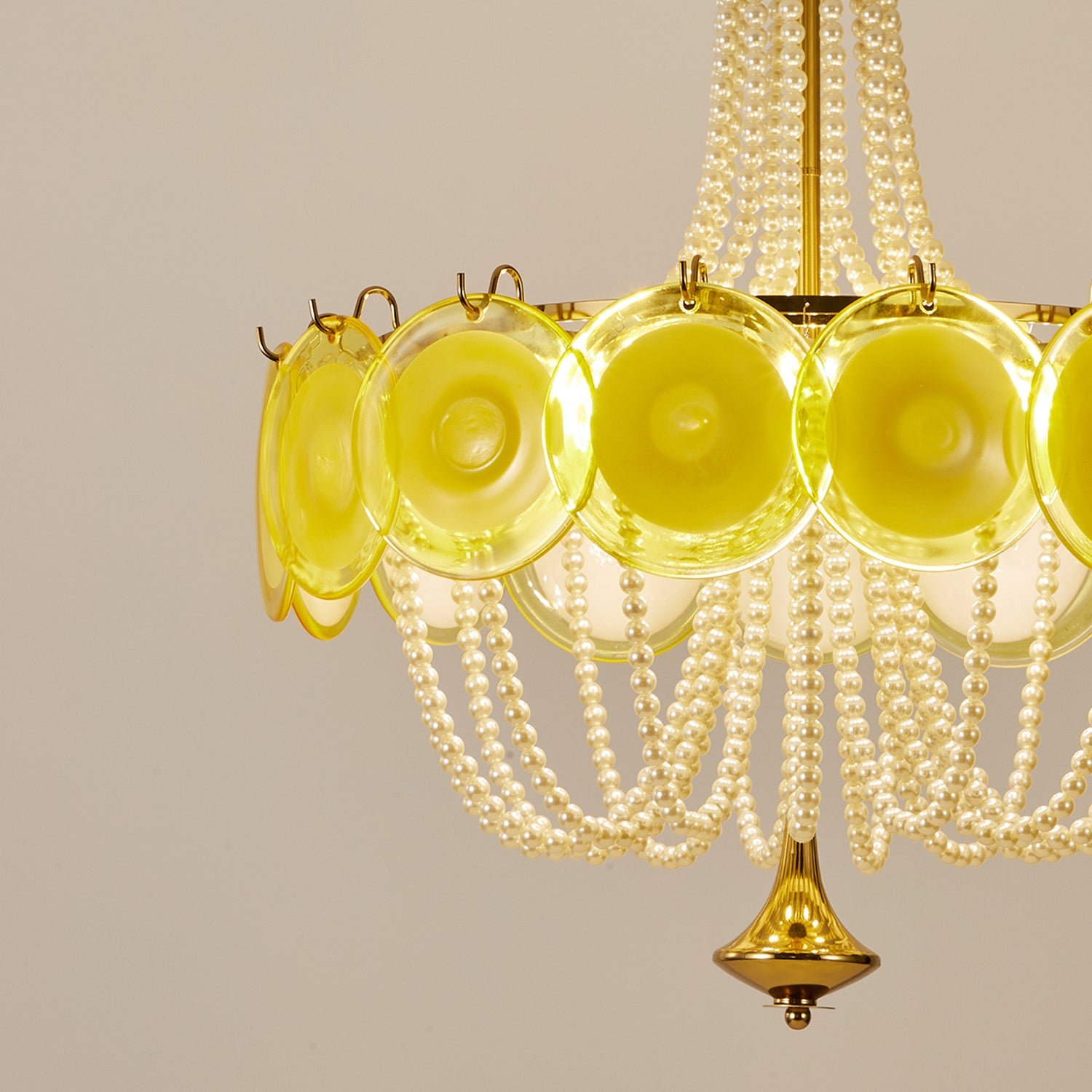 Murano Style Yellow Glass & Pearl Chandelier – Vintage Round Pendant Light - Image 4