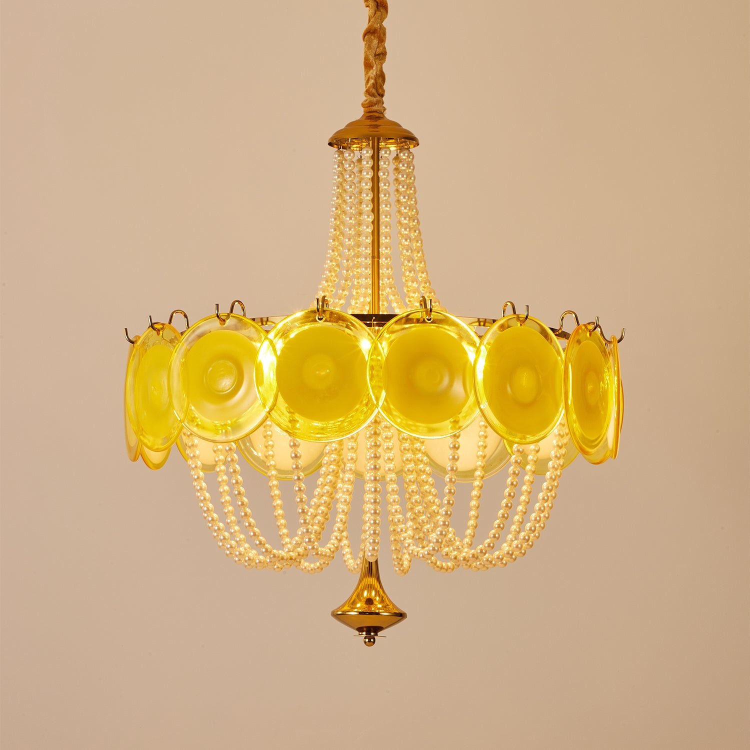 Murano Style Yellow Glass & Pearl Chandelier – Vintage Round Pendant Light - Image 7