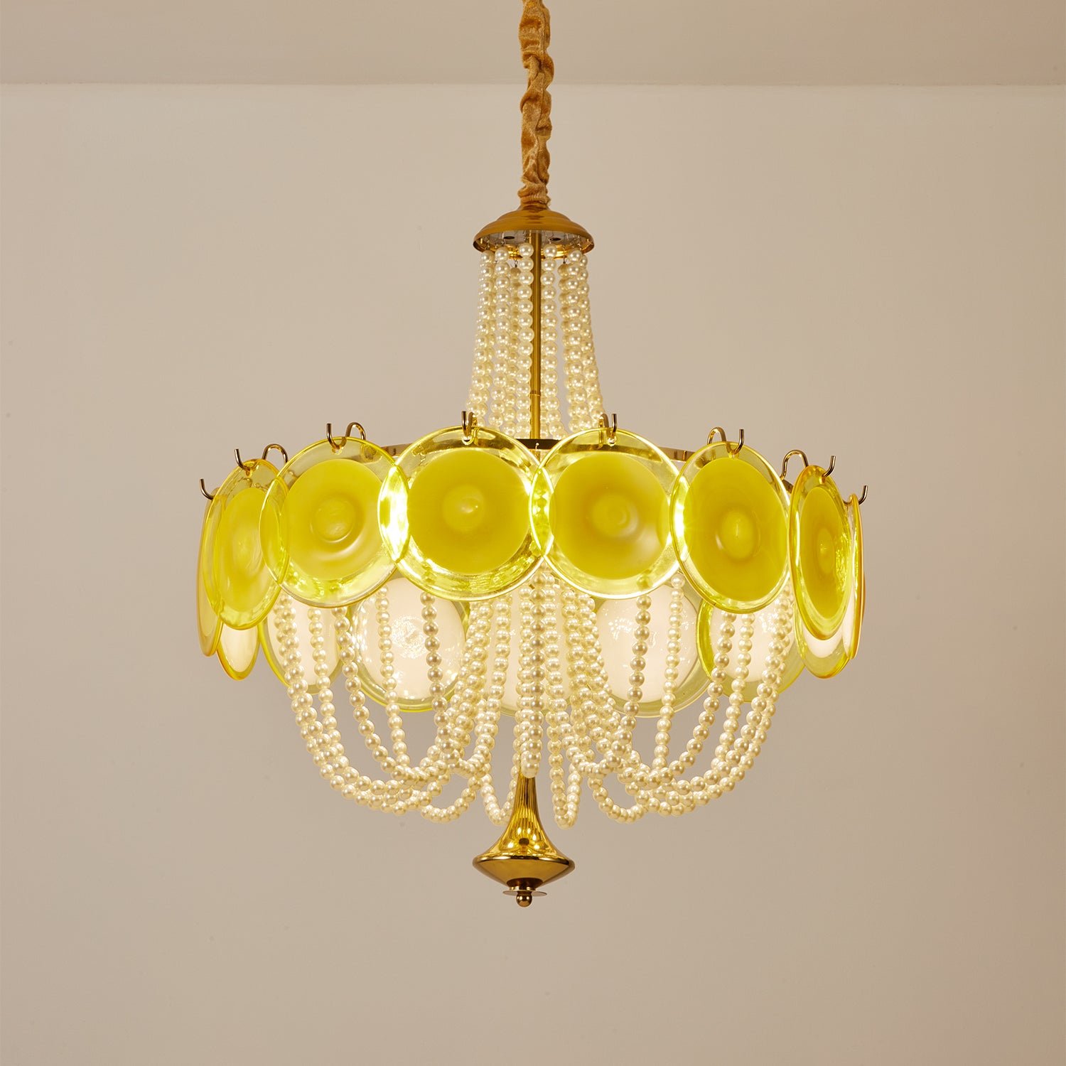 Murano Style Yellow Glass & Pearl Chandelier – Vintage Round Pendant Light - Image 8