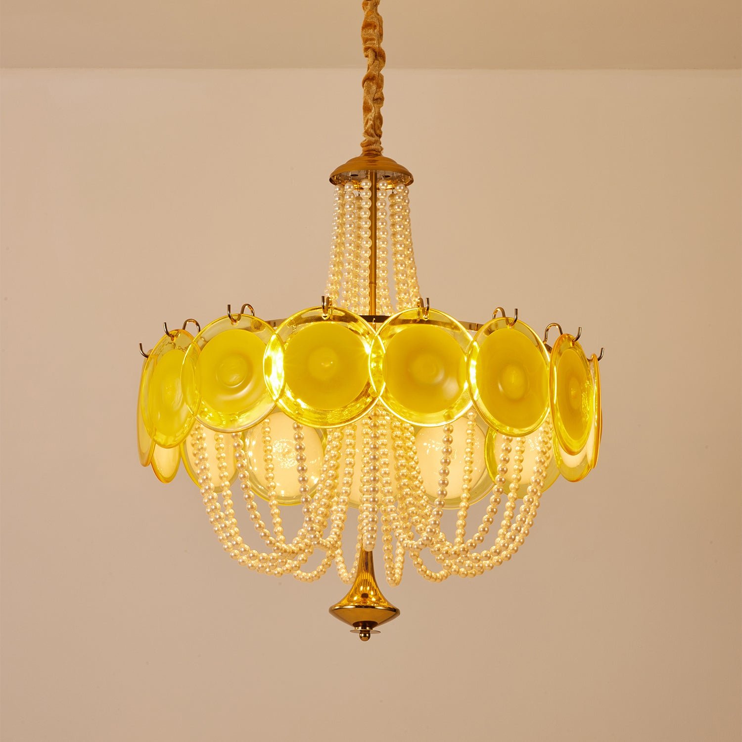 Murano Style Yellow Glass & Pearl Chandelier – Vintage Round Pendant Light - Image 9