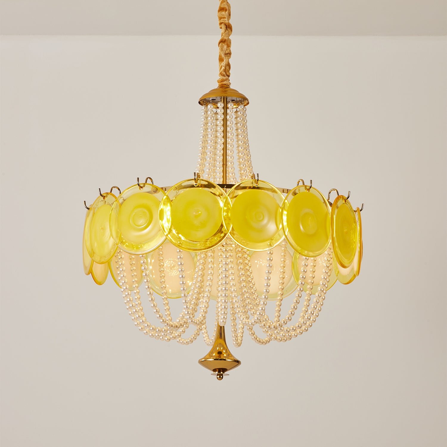 Murano Style Yellow Glass & Pearl Chandelier – Vintage Round Pendant Light - Image 10
