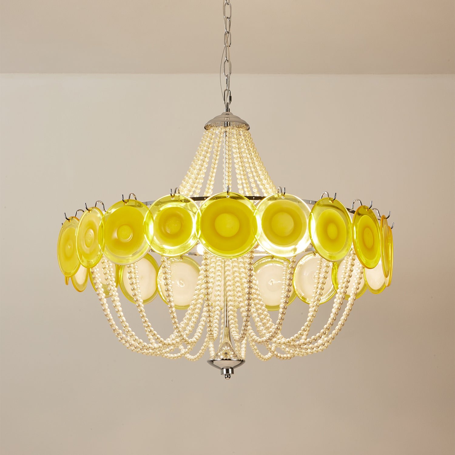 Murano Style Yellow Glass & Pearl Chandelier – Vintage Round Pendant Light - Image 11