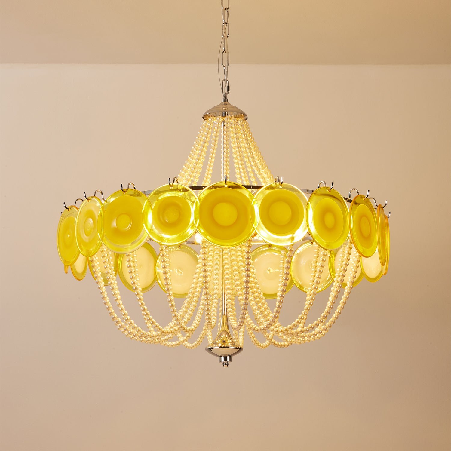 Murano Style Yellow Glass & Pearl Chandelier – Vintage Round Pendant Light - Image 17