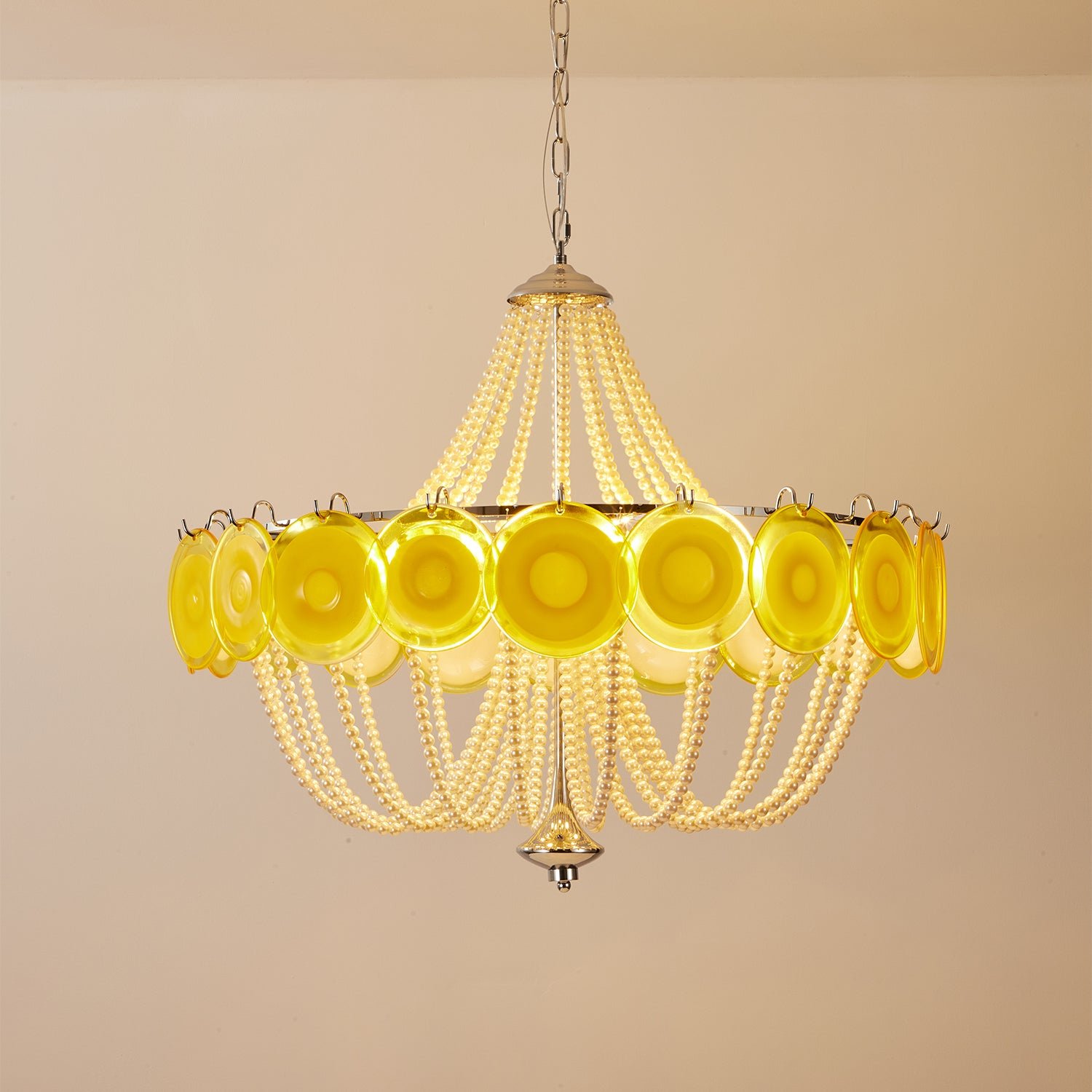 Murano Style Yellow Glass & Pearl Chandelier – Vintage Round Pendant Light - Image 12