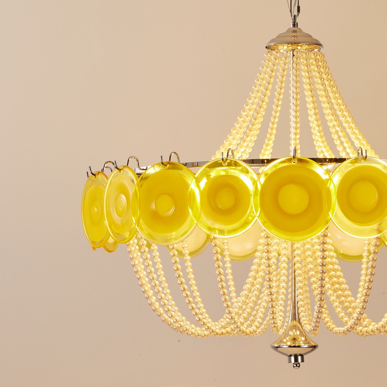 Murano Style Yellow Glass & Pearl Chandelier – Vintage Round Pendant Light - Image 18